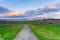 Trail at at sunset in Shoreline Lake Park, Mountain View, Silicon Valley, San Francisco bay, California