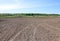 The trail of tractor wheels on a plowed spring agricultural field