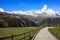 Trail with view of Matterhorn Peak in summer at Sunnega station, Rothorn Paradise, Zermatt, Switzerland