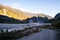 Trail walkway with rocks and river from a glacier. Track: Fox Glacier, New Zealand