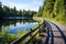 trail with wooden railings alongside a lake