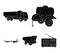 Trailer with a barrel, truck and other agricultural devices. Agricultural machinery set collection icons in black style