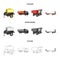 Trailer with a barrel, truck and other agricultural devices. Agricultural machinery set collection icons in cartoon