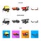 Trailer with a barrel, truck and other agricultural devices. Agricultural machinery set collection icons in cartoon,flat