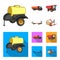 Trailer with a barrel, truck and other agricultural devices. Agricultural machinery set collection icons in cartoon, flat
