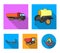 Trailer with a barrel, truck and other agricultural devices. Agricultural machinery set collection icons in flat style