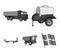 Trailer with a barrel, truck and other agricultural devices. Agricultural machinery set collection icons in monochrome