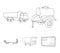 Trailer with a barrel, truck and other agricultural devices. Agricultural machinery set collection icons in outline