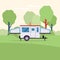 Trailer car in summer nature - vacation travel transport on camping site