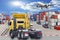 Trailer container commercial delivery cargo being unloaded with