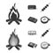 Trailer, shish kebab, matches, compass. Camping set collection icons in black,monochrome style vector symbol stock