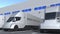 Trailer trucks with MADE IN BELGIUM text being loaded or unloaded at warehouse. Belgian business related loopable 3D