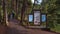 Trailhead of Johnston Canyon trail with information sign and hikers passing by in Banff National Park, Rocky Mountains, Canada.