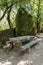 Trails and stairs through granite boulders on Penha Mountain, Portugal