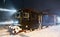 Train at Abisko Station in Sweden during snowstorm