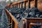 A train car loaded with coal travels along the tracks