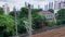 train catenary and power line cables. Aerial drone shot of railway in South Jakarta