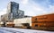 Train circulating loaded with containers in Montreal port before condos