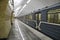 The train with closed doors stands at the station `Okruzhnaya `, Moscow Metro.