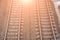 Train closeup on snowy railroad track