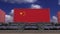 Train and containers with the flag of China. Railway transportation. 3d rendering