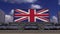 Train and containers with the flag of United Kingdom. Railway transportation. 3d rendering