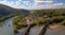 Train crossing bridge in Harpers Ferry Overlook Panorama