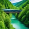 train driving through a beautiful landscape with a river and a forest preserving nature with sustainable transportation