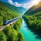 train driving through a beautiful landscape with a river and a forest preserving nature with sustainable transportation