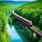 train driving through a beautiful landscape with a river and a forest preserving nature with sustainable transportation