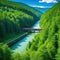 train driving through a beautiful landscape with a river and a forest preserving nature with sustainable transportation