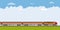 Train driving through landscape with copy space banner