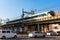 Train on a elevated railroad line and blue sky