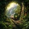 Train emerging from tunnel surrounded by lush greenery
