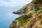 Train exiting a tunnel. View from Cliff Walk Bray to Greystones, Ireland