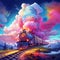 Train Fantasia: A Surreal Illustration of a Colorful Train Amidst Floating Clouds