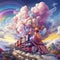 Train Fantasia: A Surreal Illustration of a Colorful Train Amidst Floating Clouds