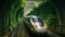 A train gracefully moves through a vibrant green tunnel, surrounded by lush plants, creating a serene and picturesque experience,
