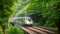 A train gracefully travels through the serene beauty of a lush green forest, Bullet train passing through a tunnel in Japan, AI