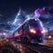 Train illuminated by vibrant city lights during the dark night