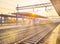 A train of in an Italian train station at sunset. Asti, Piedmont, Italy