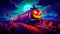 Train with jack - o - lantern pumpkin on the front of it. Generative AI