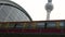 Train leaving Alexanderplatz Station by the Television Tower, Berlin, Germany