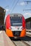 Train on Moscow passenger platform Kursky railway terminal , Russia