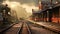 A train moves along the tracks as it passes by a bustling train station, An old Victorian-era railway station, AI Generated