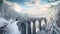 Train moves on railroad bridge in mountain, winter landscape, generative AI
