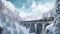 Train moves on railroad bridge in mountain, winter landscape, generative AI