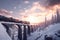 Train moves on railroad bridge in mountain, winter landscape at sunset, generative AI