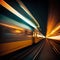 Train moving fast in tunnel at night. Motion blur. Abstract background.