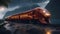 train in the night Luxury train on the ocean in a lightning storm. Sci-fi fancy red gold detailed matte paint